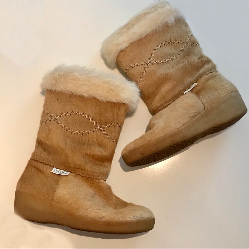 TECNICA Tan Beige Fur Wedge Italian Boots US 9.5